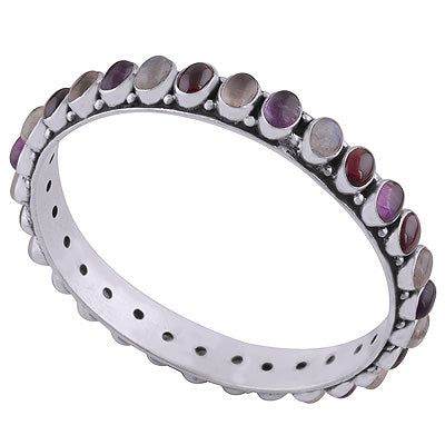 Stunning Loaded with Multi-coloured gemstones Amethyst,Garnet,Rainbow Moonstone,Rose Quartz Oval Shape 925 Sterling Solid Silver Bangle - R7100004-1