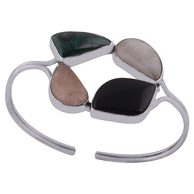 Stunning shaped Gemstone Chrysocolla,Rainbow Moonstone,Rose Quartz,Black Onyx Fancy Shape 928 Sterling Solid Silver Bangle - R7100004-11