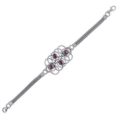 Gorgeous Handcrafted Pattern Around Garnet Round Shape 925 Sterling Solid Silver Bracelet - R7400001-79