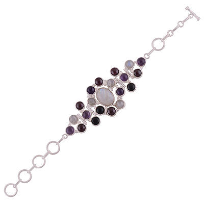 Beautiful Multicoloured Gemstones Around Amethyst,Garnet,Rainbow Moonstone,Black Onyx Round,Oval Shape 925 Sterling Solid Silver Bracelet - R7400001-96