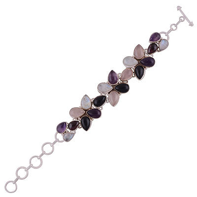 Alluring Drop Multicoloured Gemstone Amethyst,Garnet,Rainbow Moonstone,Rose Quartz,Black Onyx Pear Shape 925 Sterling Solid Silver Bracelet - R7400001-97