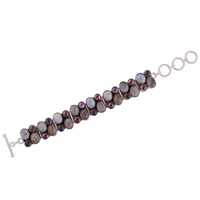 Stunning Multicoloured Gemstones Around Amethyst,Garnet,Rainbow Moonstone,Rose Quartz Oval,Round Shape 925 Sterling Solid Silver Bracelet - R7400004-11