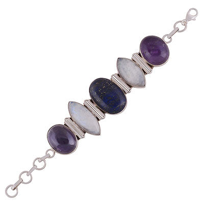 Beautiful multicoloured gemstones Amethyst,Rainbow Moonstone,Lapis Oval,Marquise Shape 925 Sterling Solid Silver Bracelet - R7400006-5