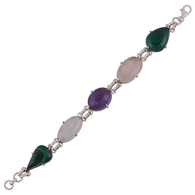Beautifully shaped multi coloured gemstones Amethyst,Rainbow Moonstone,Green Onyx,Malachite,Rose Quartz Oval,Pear Shape 925 Sterling Solid Silver Bracelet - R7400006-7