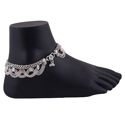 Alluring Hanging Chain Pattern with Colourful Motifs Plain Design 925 Sterling Solid Silver Anklet - R7600000-3