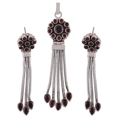 Gorgeous flower Loaded with Hanging Multiple Gemstone Garnet Round,Pear Shape 925 Sterling Solid Silver Pendant Sets - R8200003-3