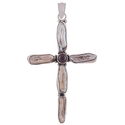 Beautiful Sleek Design Cross Charm Shell,Garnet Round & Irregular Shape 925 Sterling Solid Silver Cross Pendant - R8400003-13