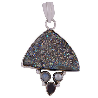 Minimal Rawa Work Around Garnet,Rainbow Moonstone,Pearl,Drusy Irregular Shape 925 Sterling Solid Silver Pendant - R8400004-14