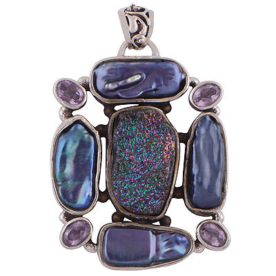 Purple Tones Beautiful Gemstones Amethyst,Shell,Drusy Irregular Shape 925 Sterling Solid Silver Pendant - R8400004-17