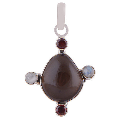 Unique Abstract Design Rainbow Moonstone,Garnet,Smoky Topaz Irregular Shape 925 Sterling Solid Silver Pendants - R8400004-9