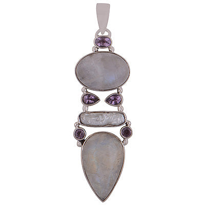 Alluring Multi Gemstone Abstract Amethyst,Rainbow Moonstone,Shell Irregular Shape 925 Sterling Solid Silver Pendant - R8400005-1