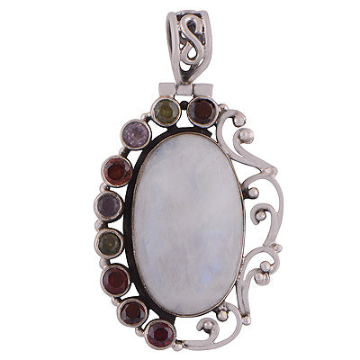 Elegant Handcrafted Gemstone Cluster Amethyst,Garnet,Peridot,Rainbow Moonstone Oval,Round Shape 925 Sterling Solid Silver Pendant - R8400006-25