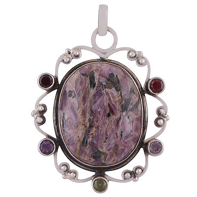 Alluring Handcrafted Gemstone Cluster Amethyst,Garnet,Peridot,Charoite Oval,Round Shape 925 Sterling Solid Silver Pendant - R8400007-21