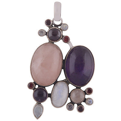 Alluring Handcrafted Gemstone Cluster Amethyst,Garnet,Rainbow Moonstone,Rose Quartz Oval,Round,Pear Shape 925 Sterling Solid Silver Pendant - R8400007-26