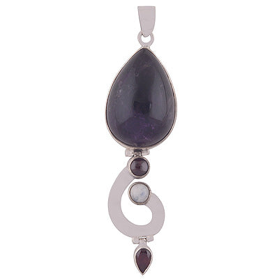 Elegant Handcrafted Gemstone Cluster Amethyst,Garnet,Rainbow Moonstone Round,Pear Shape 925 Sterling Solid Silver Pendant - R8400007-27
