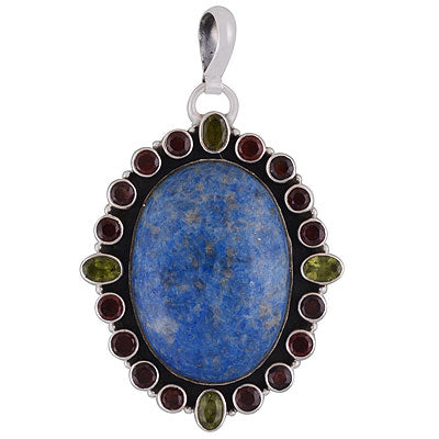 Beautiful Handcrafted Gemstone Cluster Garnet,Peridot,Lapis Irregular Shape 925 Sterling Solid Silver Pendant - R8400007-29