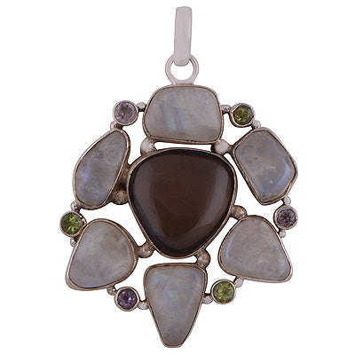 Elegant Handcrafted Gemstone Cluster Amethyst,Garnet,Rainbow Moonstone,Smoky Topaz Irregular Shape 925 Sterling Solid Silver Pendant - R8400007-7