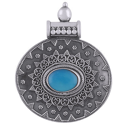 Authentic Rawa & Wire Handwork Around Turquoise Oval Shape 925 Sterling Solid Silver Pendant - R8400009-5