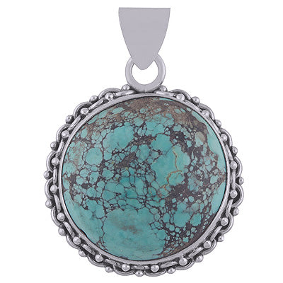 Alluring Handwork Around Gemstone Turquoise Round Shape 925 Sterling Solid Silver Pendant - R8400010-4