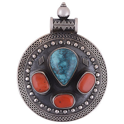 Stunning Abstract design loaded with Gemstones Turquoise,Coral Irregular Shape 925 Sterling Solid Silver Pendant - R8400021-14
