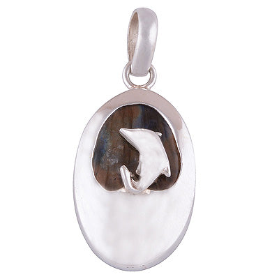Beautifully gemstone Covered with Dolphin on top Labradorite Oval Shape 925 Sterling Solid Silver Pendant - R8400029-5