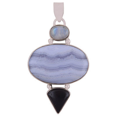 Beautiful Abstract design loaded with Gemstones Rainbow Moonstone,Blue Lace Agate,Black Onyx Irregular Shape 925 Sterling Solid Silver Pendant - R8400031-16