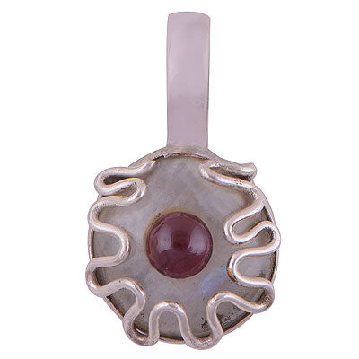Beautiful Handwork Around Rainbow Moonstone,Garnet Round Shape 925 Sterling Solid Silver Pendant - R8400034-8