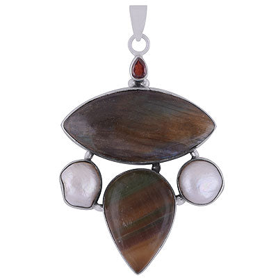 Beautifully Rawa Attached Gemstones Labradorite,Shell,Garnet Multi Shapes 925 Sterling Solid Silver Pendant - R8400035-17