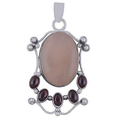 Alluring Gemstone Work Around Rose Quartz,Garnet Oval Shape 925 Sterling Solid Silver Pendant - R8400036-12