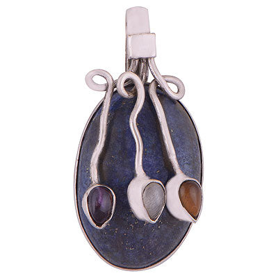 Alluring Wire Seated Gemstone on Lapis,Amethyst,Rainbow Moonstone,Tiger's Eye Oval,Pear Shape 925 Sterling Solid Silver Pendant - R8400036-22