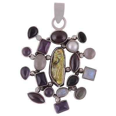 Gorgeous Handcrafted Loaded with Multiple Gemstones Amethyst,Garnet,Rainbow Moonstone,Labradorite,Rose Quartz,Pearl,Black Onyx,Shell Multi Shapes 925 Sterling Solid Silver Pendant - R8400037-19