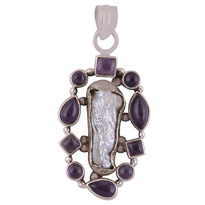 Beautifully Connected Gemstones by Rawa Work Amethyst,Shell Multi Shapes 925 Sterling Solid Silver Pendant - R8400039-1