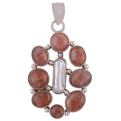Alluring Connected Gemstones by Rawa Work Sun Stone,Shell Multi Shapes 925 Sterling Solid Silver Pendant - R8400039-14