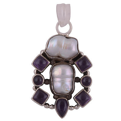 Gorgeous Connected Gemstones by Rawa Work Amethyst,Shell Multi Shapes 925 Sterling Solid Silver Pendant - R8400039-2