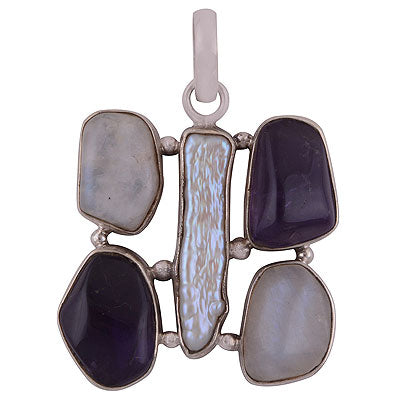 Dazzling Connected Gemstones by Rawa Work Amethyst,Rainbow Moonstone,Shell Multi Shapes 925 Sterling Solid Silver Pendant - R8400039-5