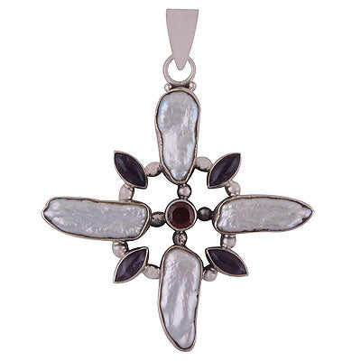 Gorgeous Connected Gemstones by Rawa Work Amethyst,Garnet,Shell Multi Shapes 925 Sterling Solid Silver Pendant - R8400039-7