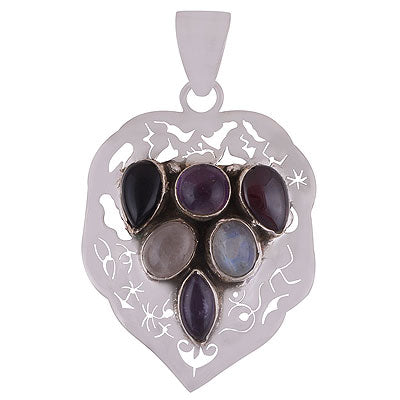 Beautifully Seated Pattern of Multiple Gemstone Amethyst,Garnet,Rainbow Moonstone,Rose Quartz,Black Onyx Multi Shapes 925 Sterling Solid Silver Pendant - R8400040-16