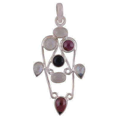 Alluring Abstract of Multicoloured Gemstones Garnet,Rainbow Moonstone,Rose Quartz,Black Onyx Multi Shapes 925 Sterling Solid Silver Pendant - R8400042-13