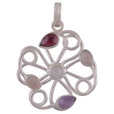 Stunning Design loaded with gemstones Amethyst,Garnet,Rainbow Moonstone,Rose Quartz Multi Shapes 925 Sterling Solid Silver Pendant - R8400042-8