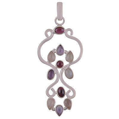 Gorgeous Pattern of Multicoloured Gemstone Amethyst,Garnet,Rainbow Moonstone,Rose Quartz Multi Shapes 925 Sterling Solid Silver Pendant - R8400042-9