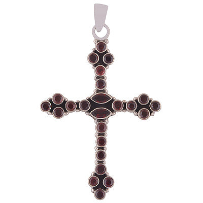 Stunning Cross Charm With Gemstone Garnet Round,Marquise Shape 925 Sterling Solid Silver Pendant - R8400052-13