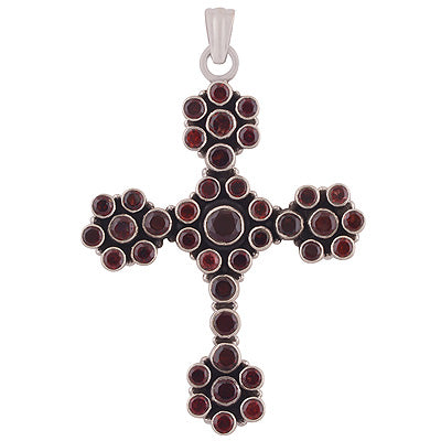 Cross Charm Loaded with Gemstones Garnet Round Shape 925 Sterling Solid Silver Pendant - R8400052-16