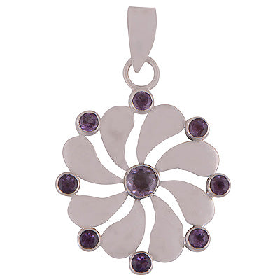 Handcrafted Flower Around Amethyst Round Shape 925 Sterling Solid Silver Pendant - R8400058-11