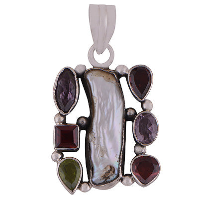 Beautiful Cluster of Gemstones Shell,Amethyst,Garnet,Peridot Irregular Shape 925 Sterling Solid Silver Pendant - R8400059-3