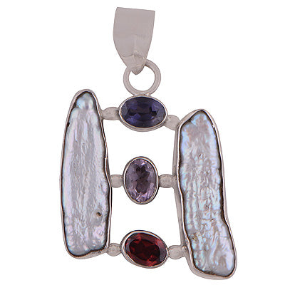 Beautiful Cluster of Gemstones Shell,Amethyst,Garnet,Iolite Irregular Shape 925 Sterling Solid Silver Pendant - R8400059-6