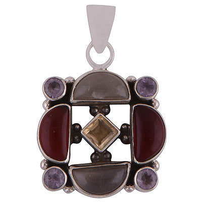 Stunning Nine Gemstone Designed Amethyst,Garnet,Citrine,Rose Quartz Irregular Shape 925 Sterling Solid Silver Pendant - R8400060-10
