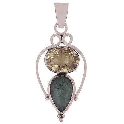 BeautifulTwoStoneDesigned Lemon Topaz,Green Aventurine Pear,Oval Shape 925 Sterling Solid Silver Pendant - R8400063-10