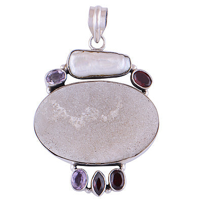 Gorgeous Designed Gemstones Shell,Druzy,Amethyst,Garnet Irregular Shape 925 Sterling Solid Silver Pendant - R8400063-5