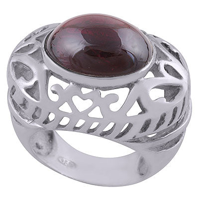 Beautiful Handcrafted Pattern Around Garnet Oval Shape 925 Sterling Solid Silver Ring - R8900006-8