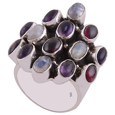 Gorgeous Multiple Gemstones Amethyst,Garnet,Rainbow Moonstone Oval Shape 925 Sterling Solid Silver Ring - R8900009-20